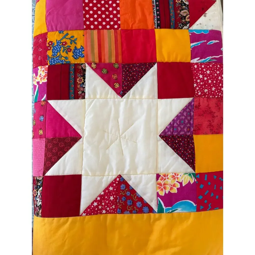 Handmade Scrappy Pink Yellow Calico Sawtooth Star Quilt Wall Hanging Large Throw